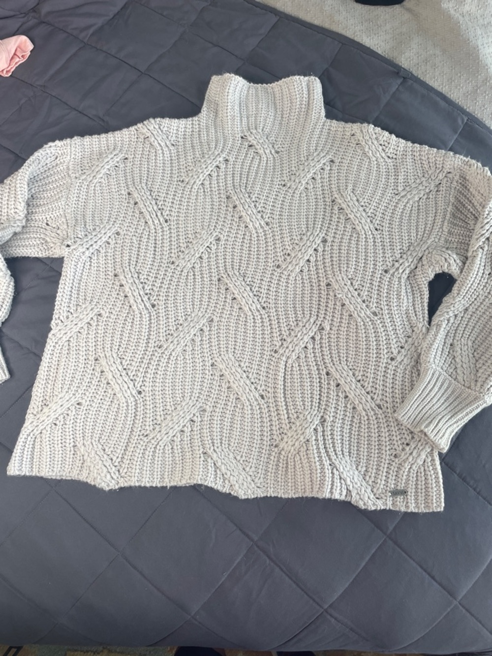Chunky Cable Knit Turtleneck Sweater - light gray- Savvi